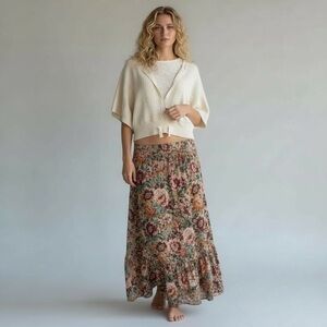 Pink Twill Ivory Cotton Pointelle Knit Batwing Crop Sweater Size Large Boho